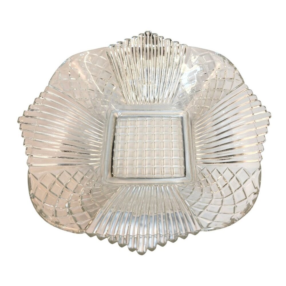 Vintage Clear Pressed Glass Square Serving Bowl With Ribbed & Diamond Pattern Sc